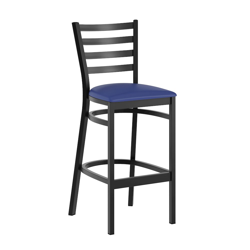 HERCULES Black Ladder Back Metal Restaurant Barstool - Blue Vinyl Seat. Picture 1