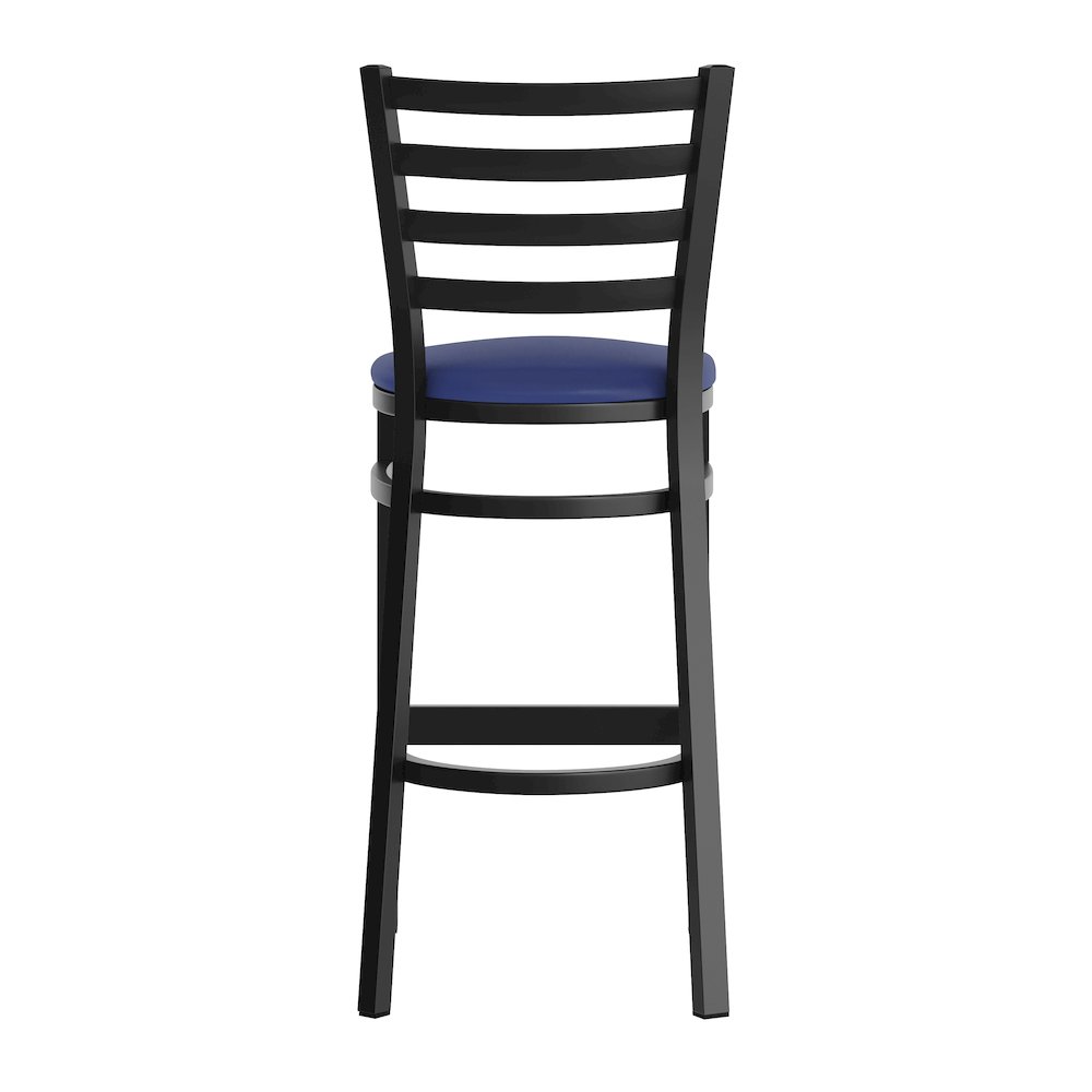 HERCULES Black Ladder Back Metal Restaurant Barstool - Blue Vinyl Seat. Picture 7