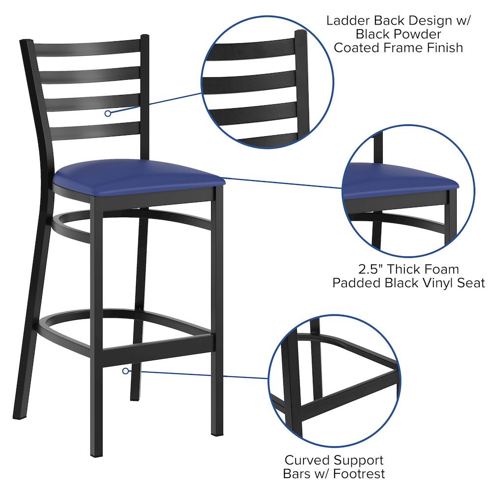 HERCULES Black Ladder Back Metal Restaurant Barstool - Blue Vinyl Seat. Picture 4