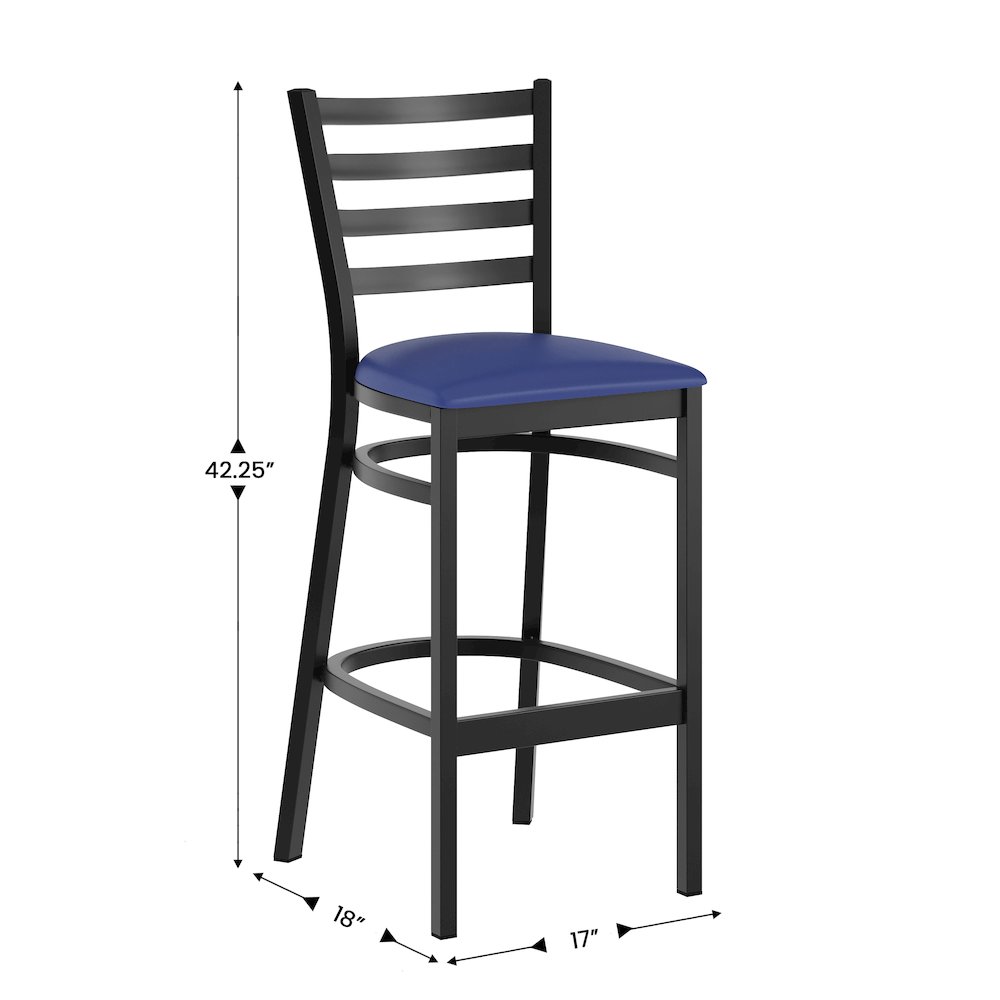 HERCULES Black Ladder Back Metal Restaurant Barstool - Blue Vinyl Seat. Picture 5