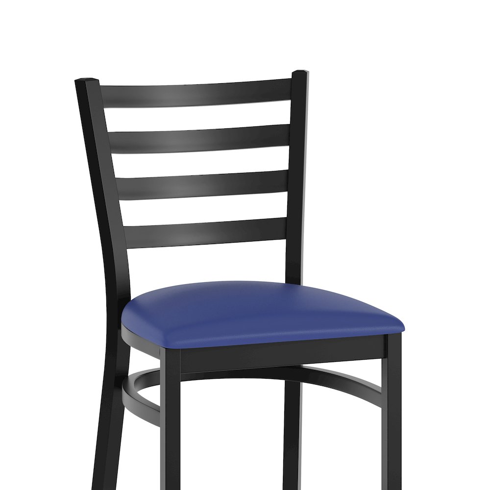 HERCULES Black Ladder Back Metal Restaurant Barstool - Blue Vinyl Seat. Picture 8