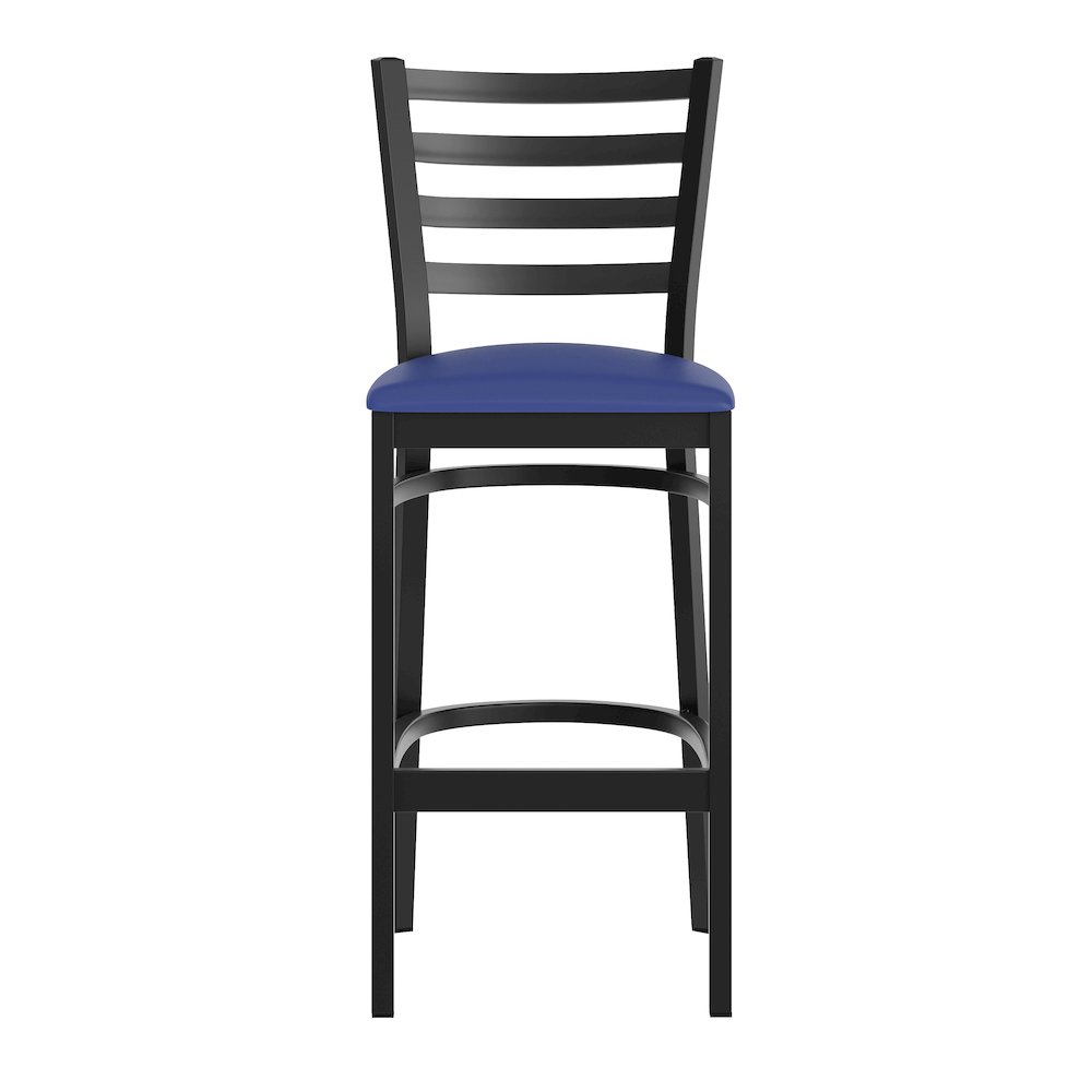 HERCULES Black Ladder Back Metal Restaurant Barstool - Blue Vinyl Seat. Picture 10