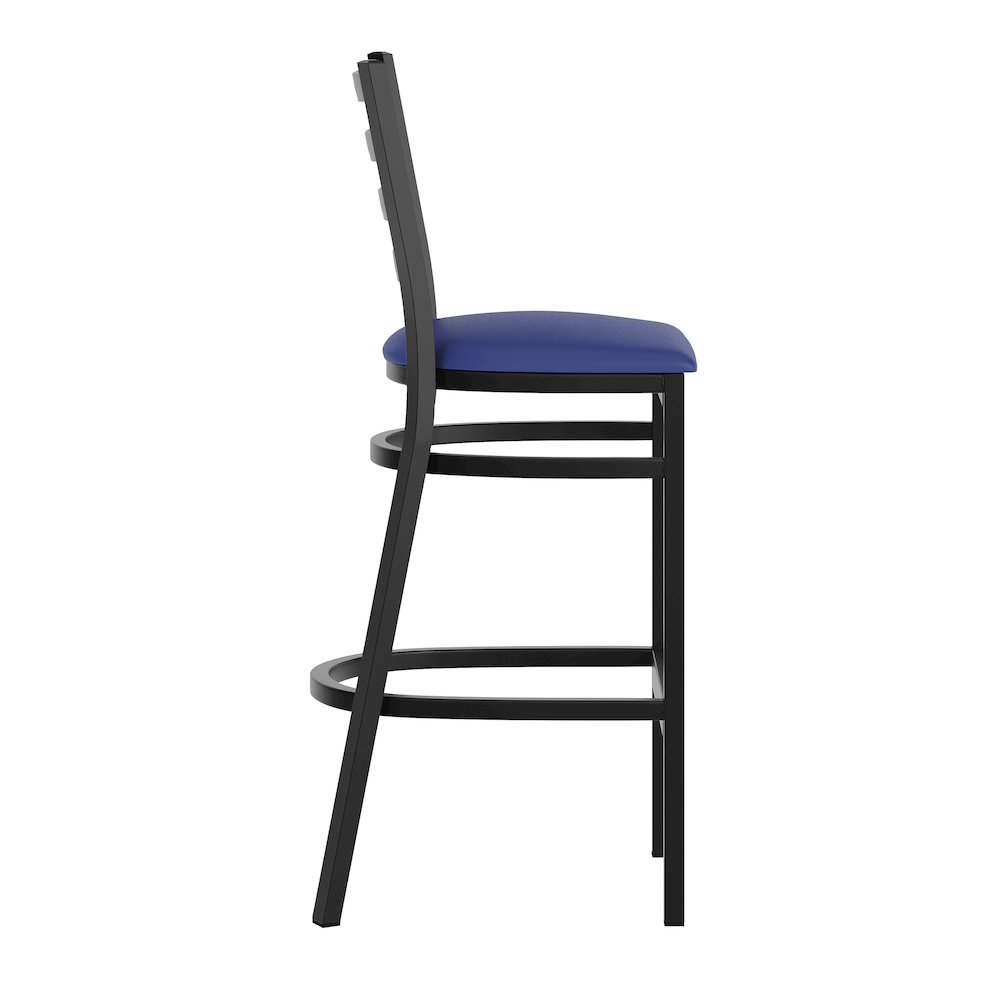 HERCULES Black Ladder Back Metal Restaurant Barstool - Blue Vinyl Seat. Picture 9