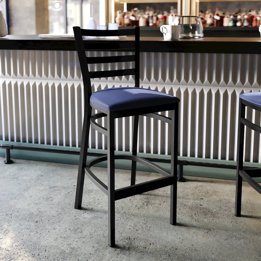 HERCULES Black Ladder Back Metal Restaurant Barstool - Blue Vinyl Seat. Picture 3