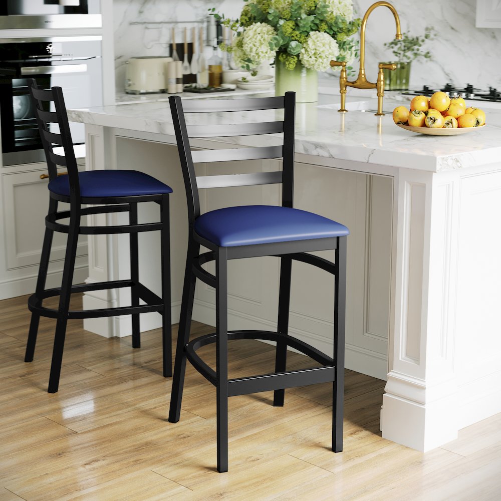 HERCULES Black Ladder Back Metal Restaurant Barstool - Blue Vinyl Seat. Picture 6