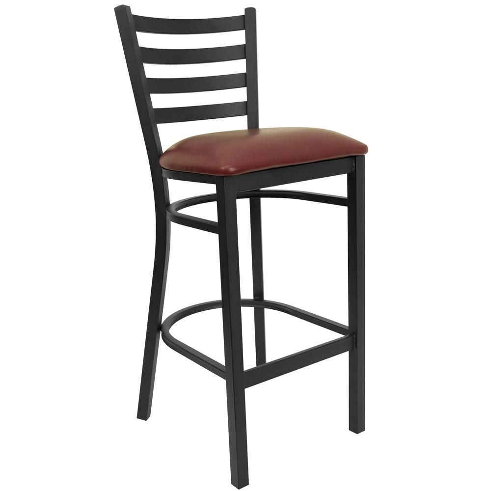 Black Ladder Back Metal Restaurant Barstool - Burgundy Vinyl Seat. Picture 1