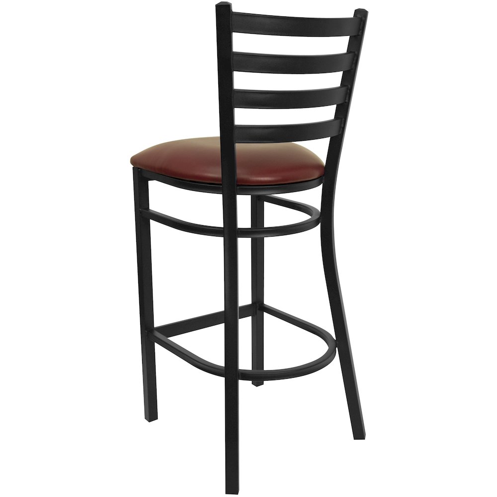 Black Ladder Back Metal Restaurant Barstool - Burgundy Vinyl Seat. Picture 7