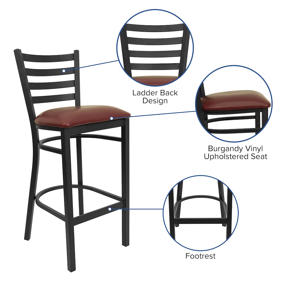 Black Ladder Back Metal Restaurant Barstool - Burgundy Vinyl Seat. Picture 4