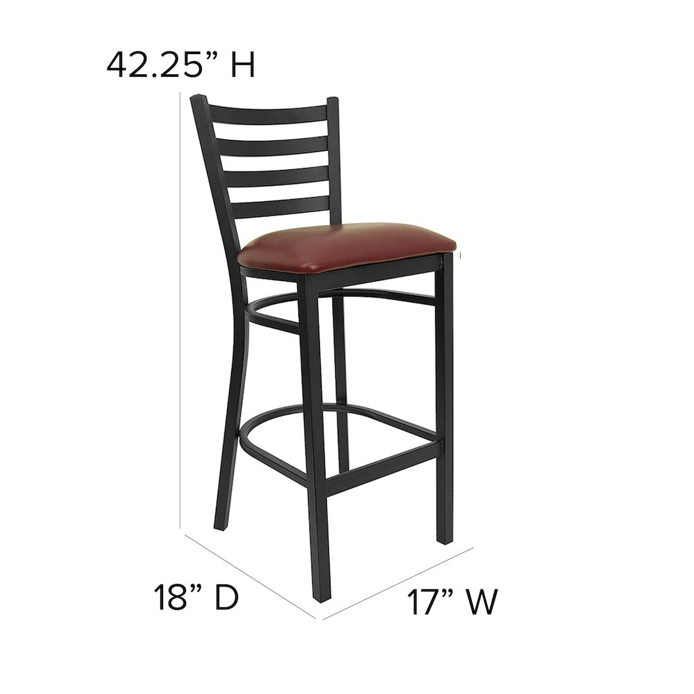 Black Ladder Back Metal Restaurant Barstool - Burgundy Vinyl Seat. Picture 5