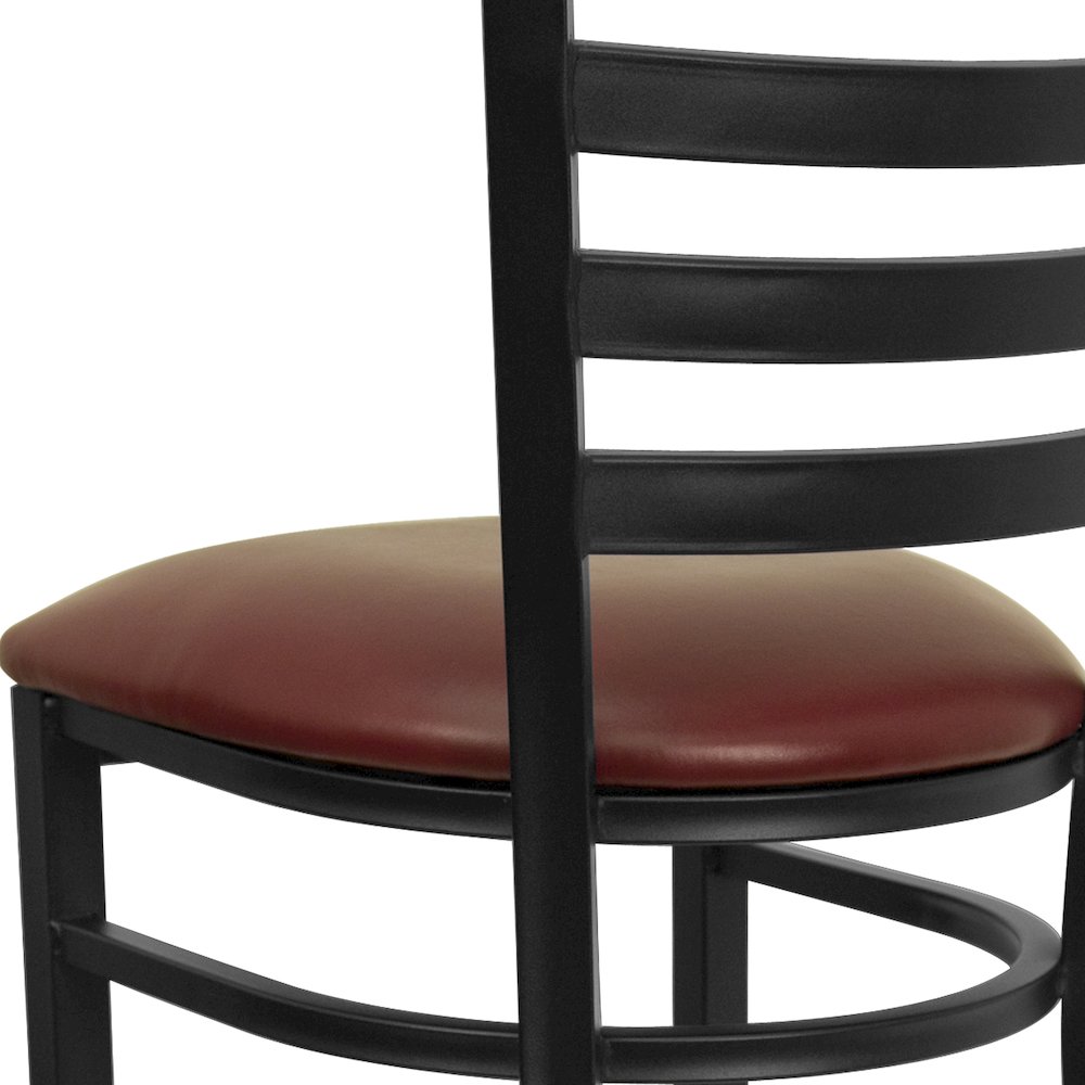 Black Ladder Back Metal Restaurant Barstool - Burgundy Vinyl Seat. Picture 8