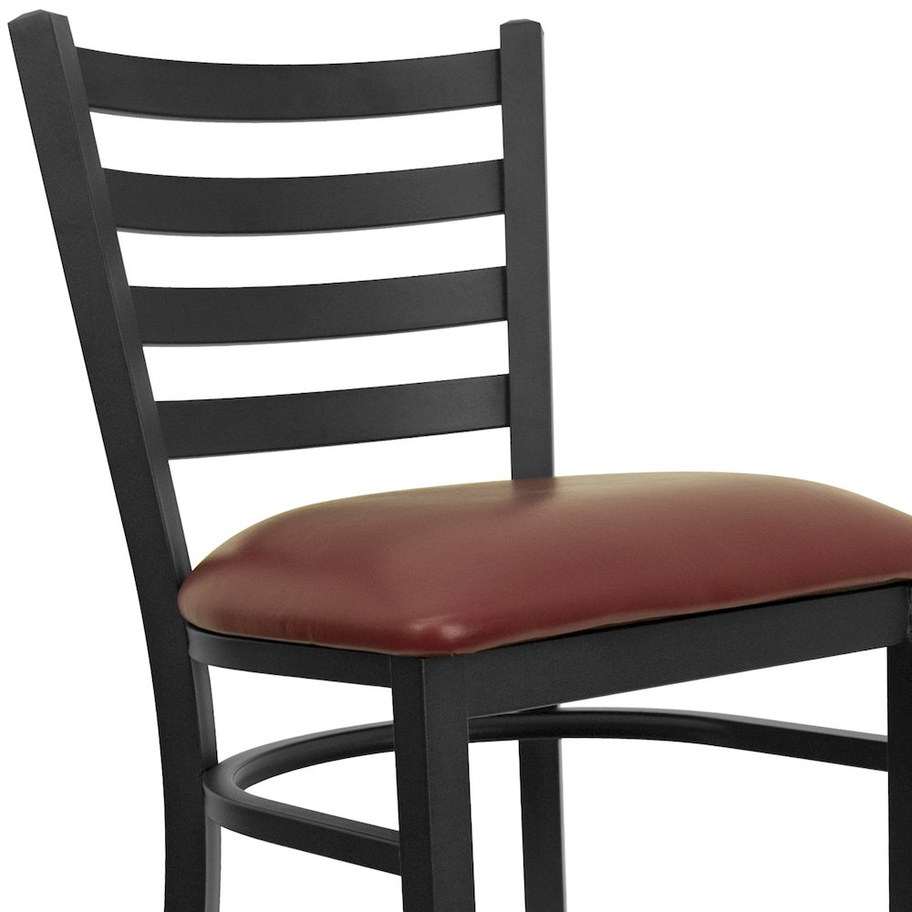 Black Ladder Back Metal Restaurant Barstool - Burgundy Vinyl Seat. Picture 11