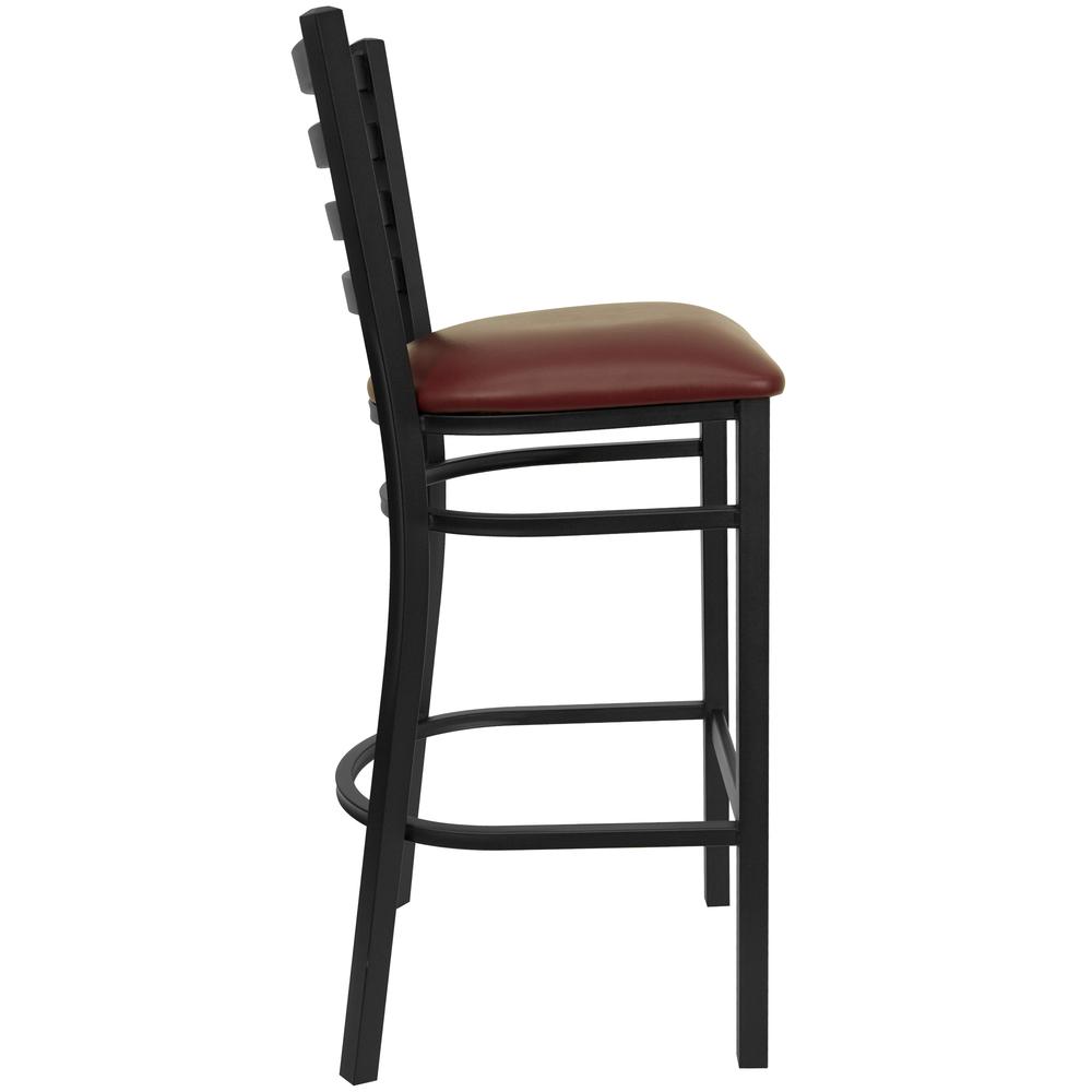 Black Ladder Back Metal Restaurant Barstool - Burgundy Vinyl Seat. Picture 2