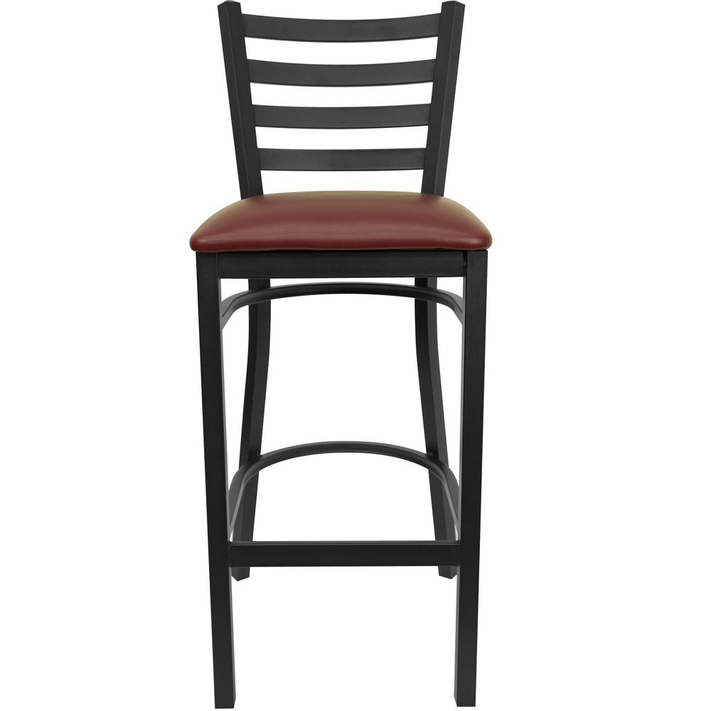 Black Ladder Back Metal Restaurant Barstool - Burgundy Vinyl Seat. Picture 4