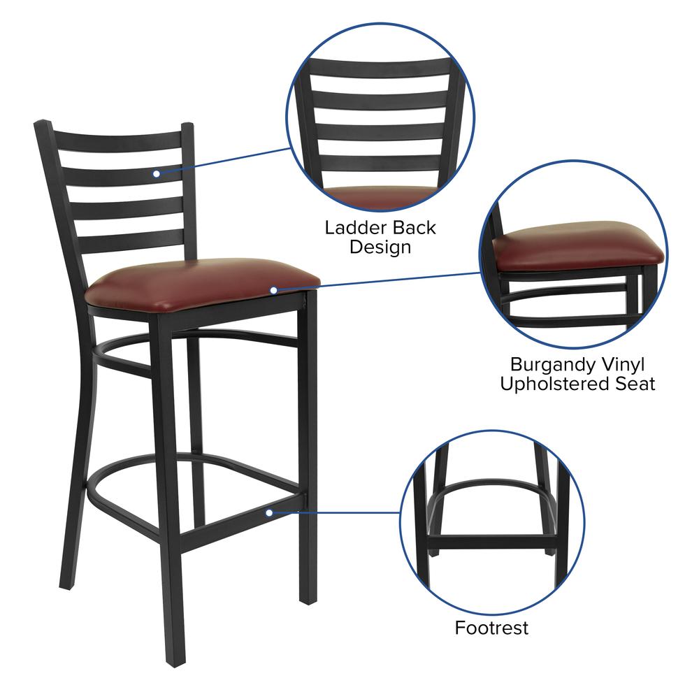 Black Ladder Back Metal Restaurant Barstool - Burgundy Vinyl Seat. Picture 5