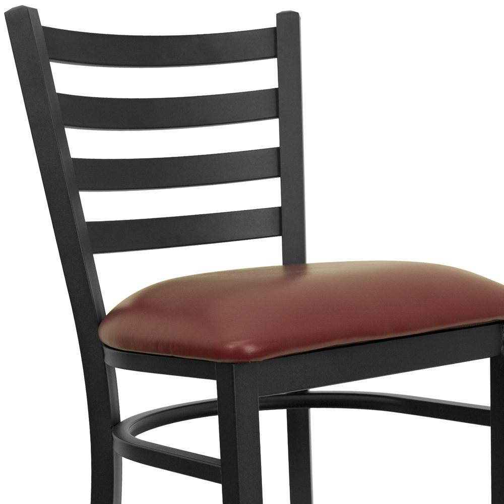 Black Ladder Back Metal Restaurant Barstool - Burgundy Vinyl Seat. Picture 6