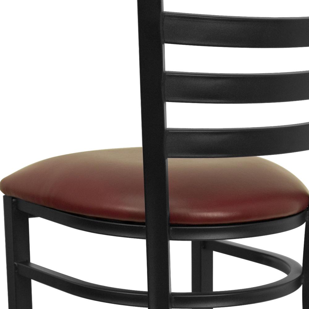 Black Ladder Back Metal Restaurant Barstool - Burgundy Vinyl Seat. Picture 7