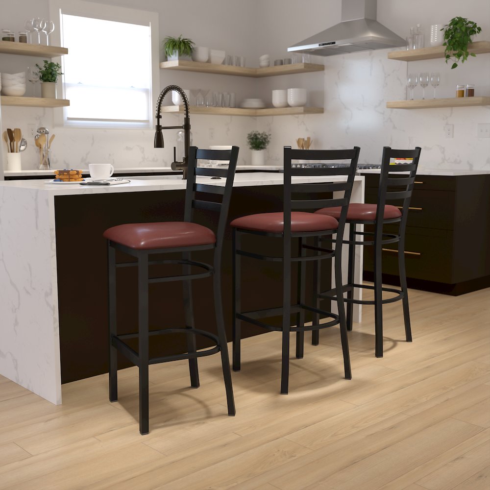 Black Ladder Back Metal Restaurant Barstool - Burgundy Vinyl Seat. Picture 2