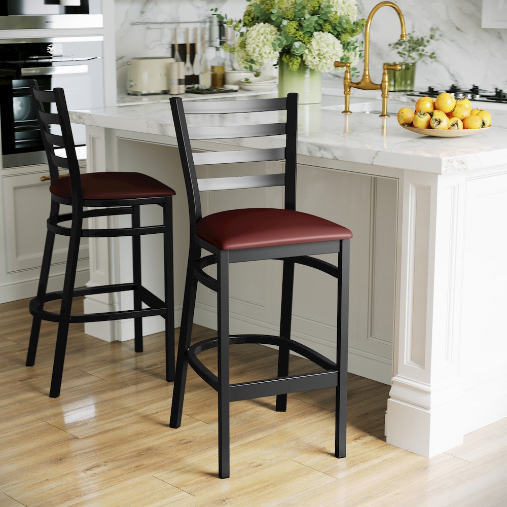 Black Ladder Back Metal Restaurant Barstool - Burgundy Vinyl Seat. Picture 6