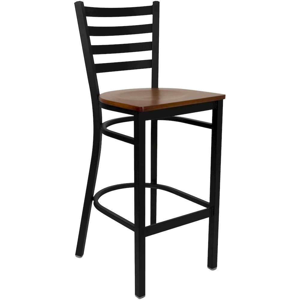Black Ladder Back Metal Restaurant Barstool - Cherry Wood Seat. Picture 1