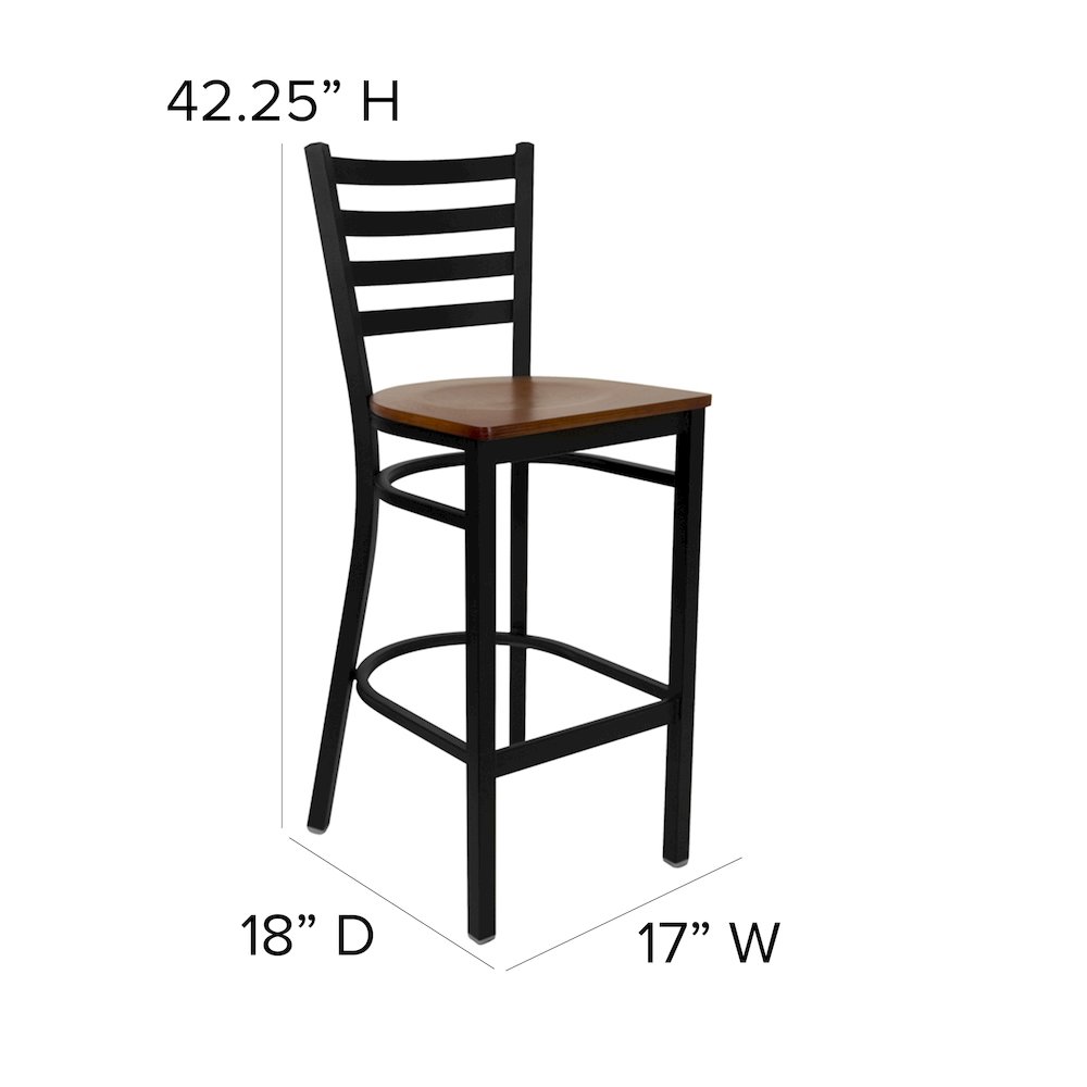 Black Ladder Back Metal Restaurant Barstool - Cherry Wood Seat. Picture 5