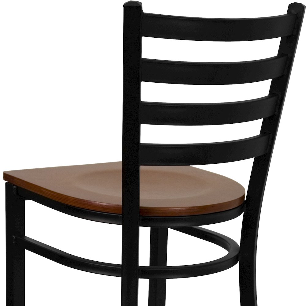 Black Ladder Back Metal Restaurant Barstool - Cherry Wood Seat. Picture 8