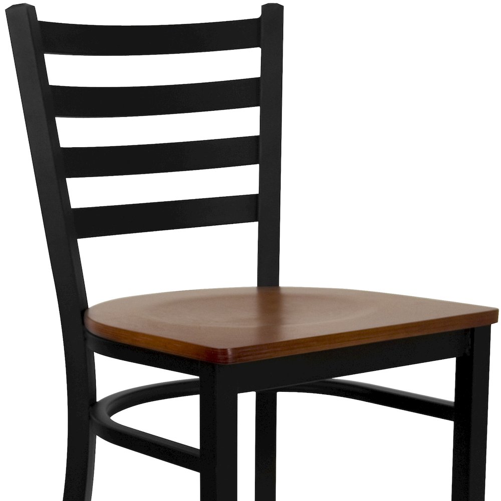 Black Ladder Back Metal Restaurant Barstool - Cherry Wood Seat. Picture 11