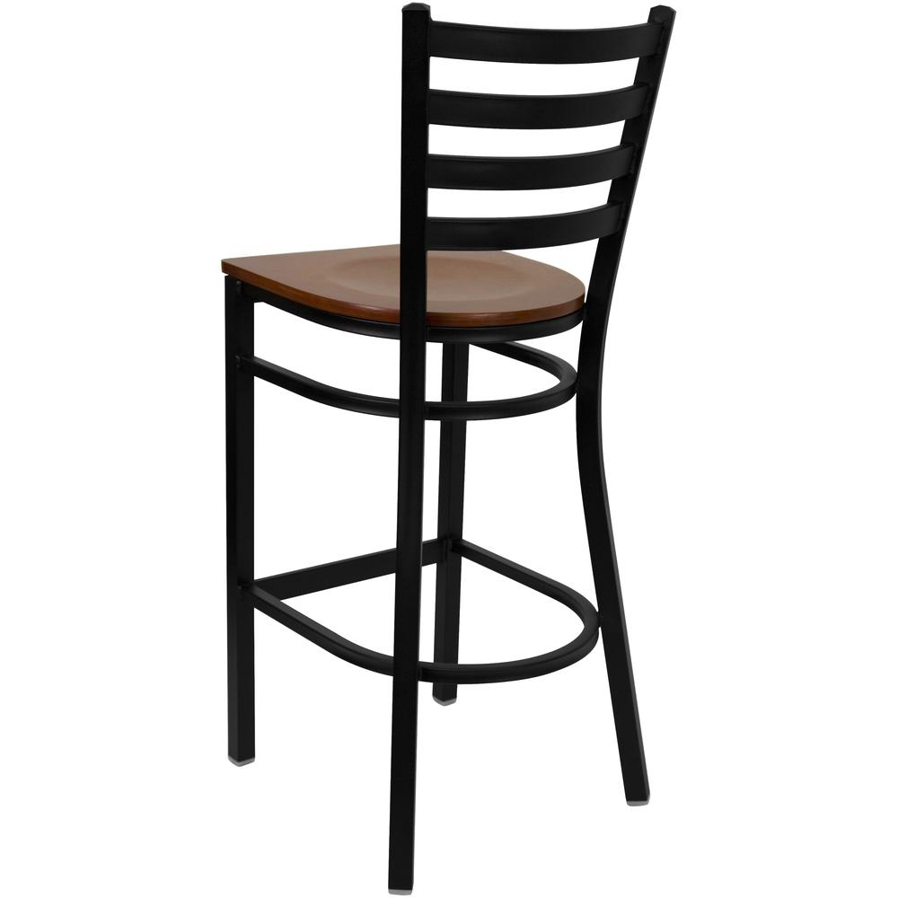 Black Ladder Back Metal Restaurant Barstool - Cherry Wood Seat. Picture 3