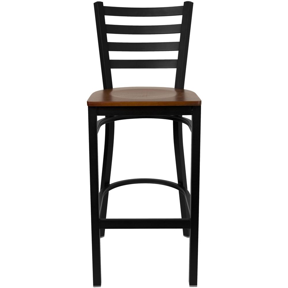 Black Ladder Back Metal Restaurant Barstool - Cherry Wood Seat. Picture 4