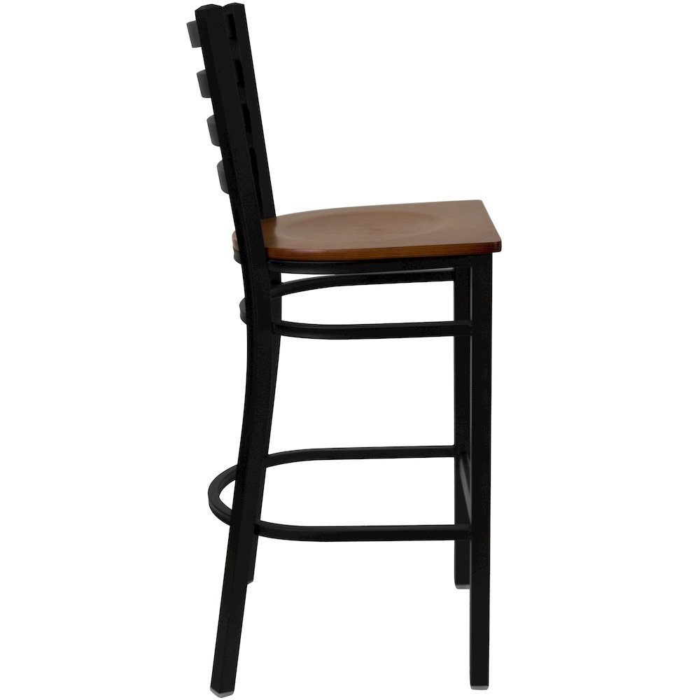 Black Ladder Back Metal Restaurant Barstool - Cherry Wood Seat. Picture 9