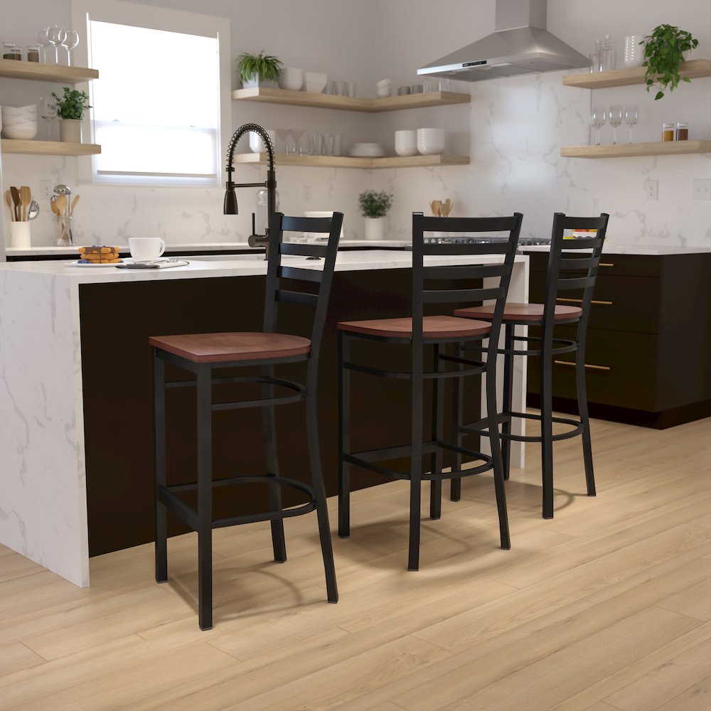 Black Ladder Back Metal Restaurant Barstool - Cherry Wood Seat. Picture 2