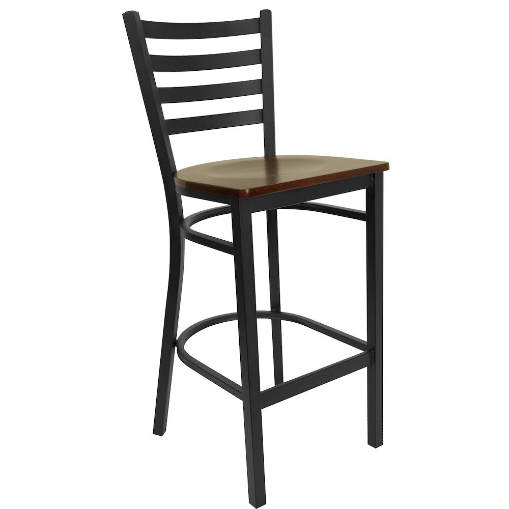 Black Ladder Back Metal Restaurant Barstool - Mahogany Wood Seat. Picture 1
