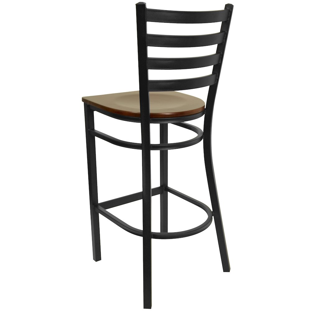 Black Ladder Back Metal Restaurant Barstool - Mahogany Wood Seat. Picture 7