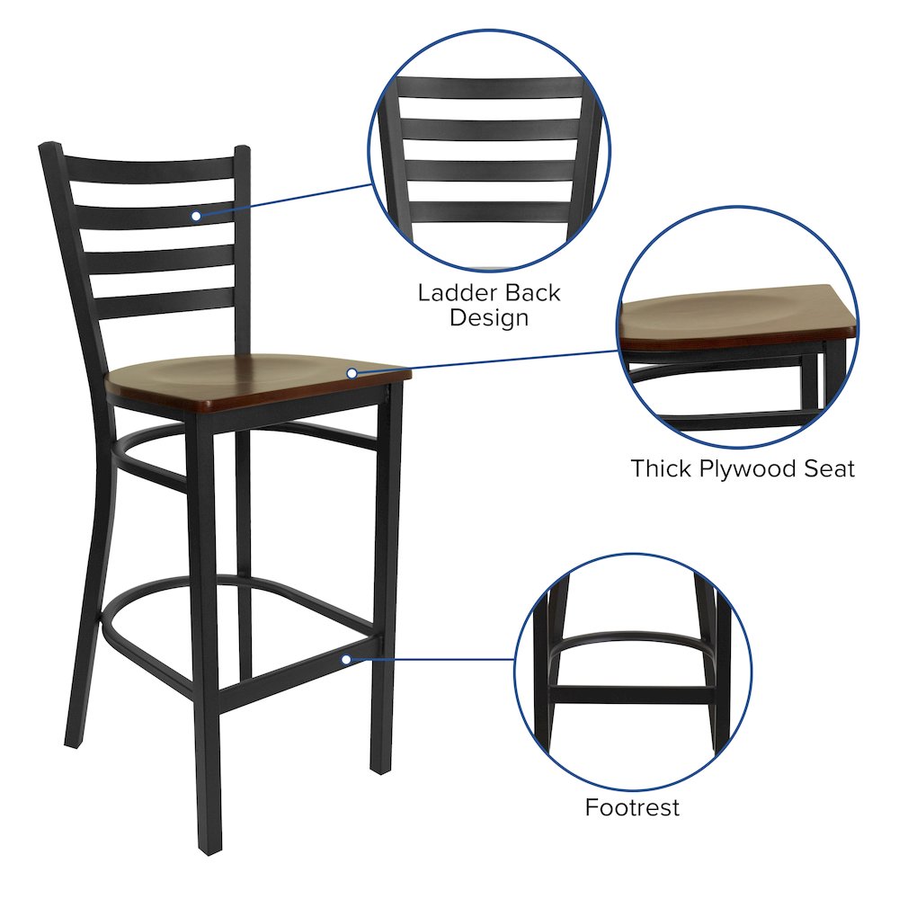 Black Ladder Back Metal Restaurant Barstool - Mahogany Wood Seat. Picture 4