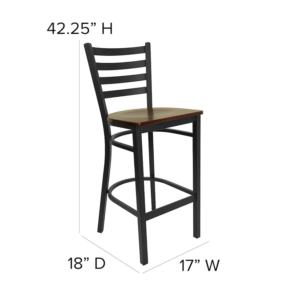 Black Ladder Back Metal Restaurant Barstool - Mahogany Wood Seat. Picture 5