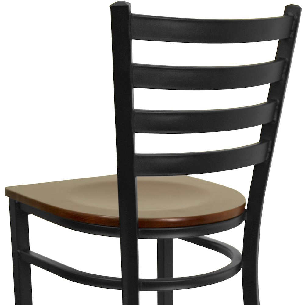 Black Ladder Back Metal Restaurant Barstool - Mahogany Wood Seat. Picture 8