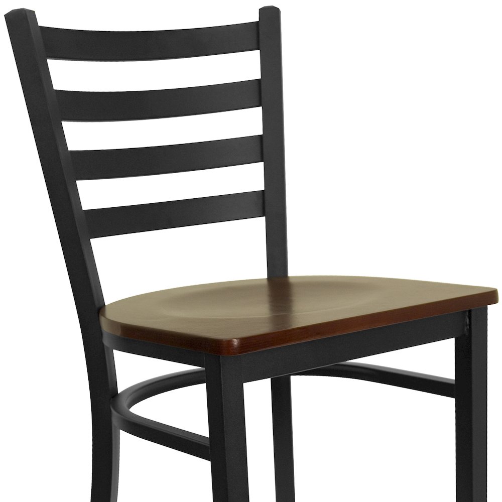 Black Ladder Back Metal Restaurant Barstool - Mahogany Wood Seat. Picture 11