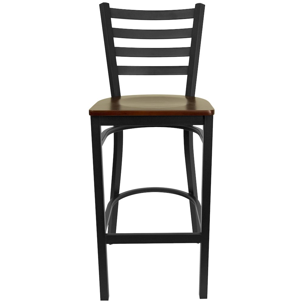 Black Ladder Back Metal Restaurant Barstool - Mahogany Wood Seat. Picture 10