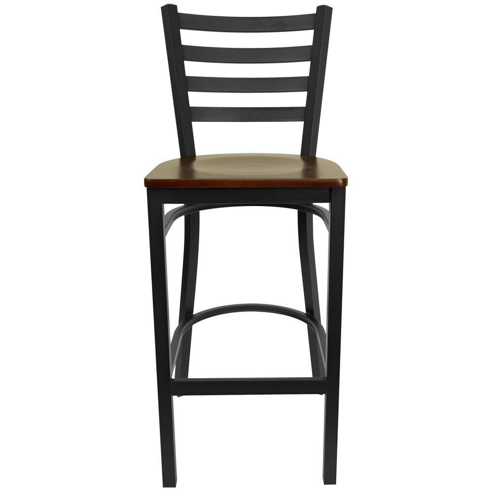 Black Ladder Back Metal Restaurant Barstool - Mahogany Wood Seat. Picture 4