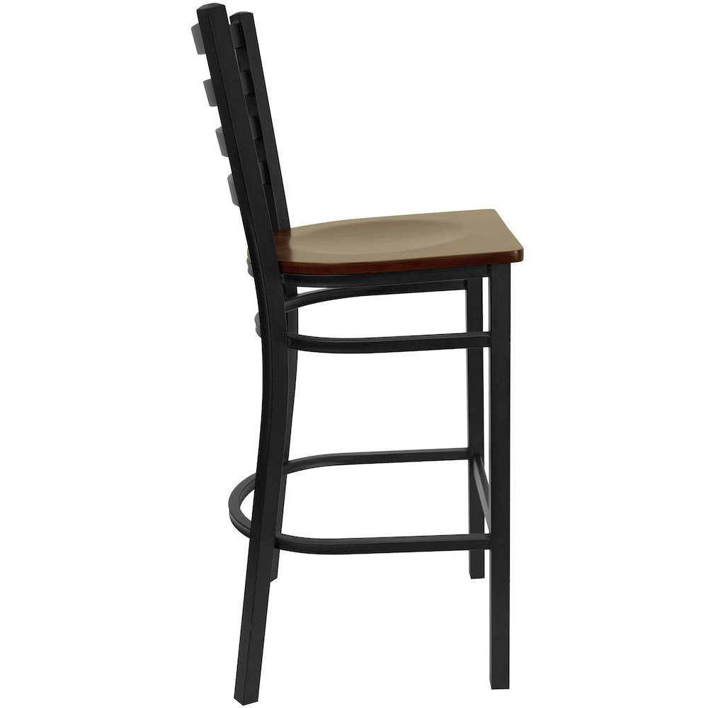 Black Ladder Back Metal Restaurant Barstool - Mahogany Wood Seat. Picture 9