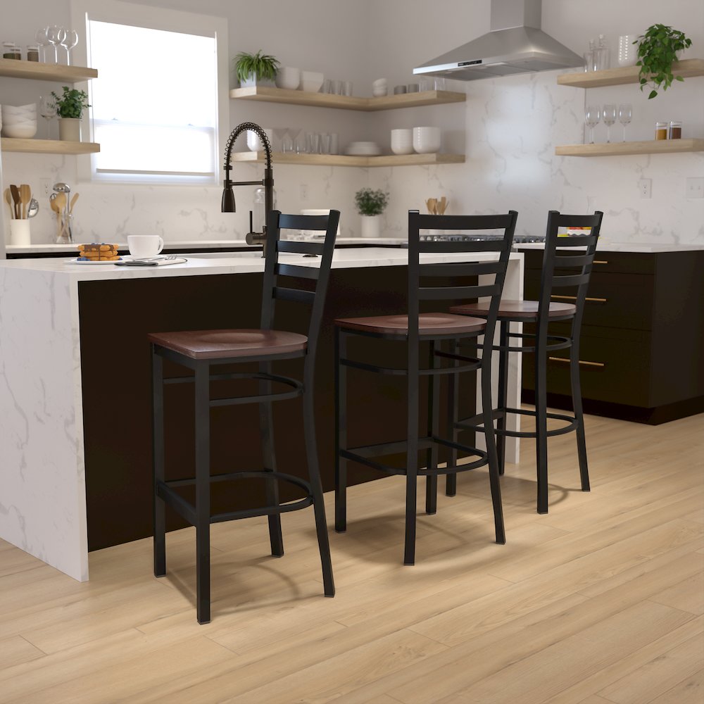 Black Ladder Back Metal Restaurant Barstool - Mahogany Wood Seat. Picture 2