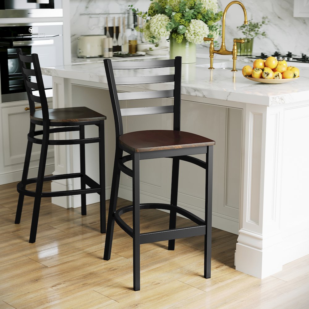 Black Ladder Back Metal Restaurant Barstool - Mahogany Wood Seat. Picture 6