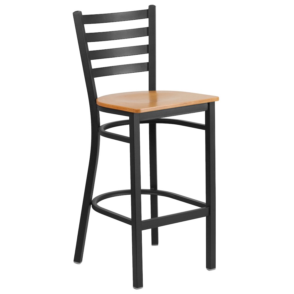Black Ladder Back Metal Restaurant Barstool - Natural Wood Seat. Picture 1