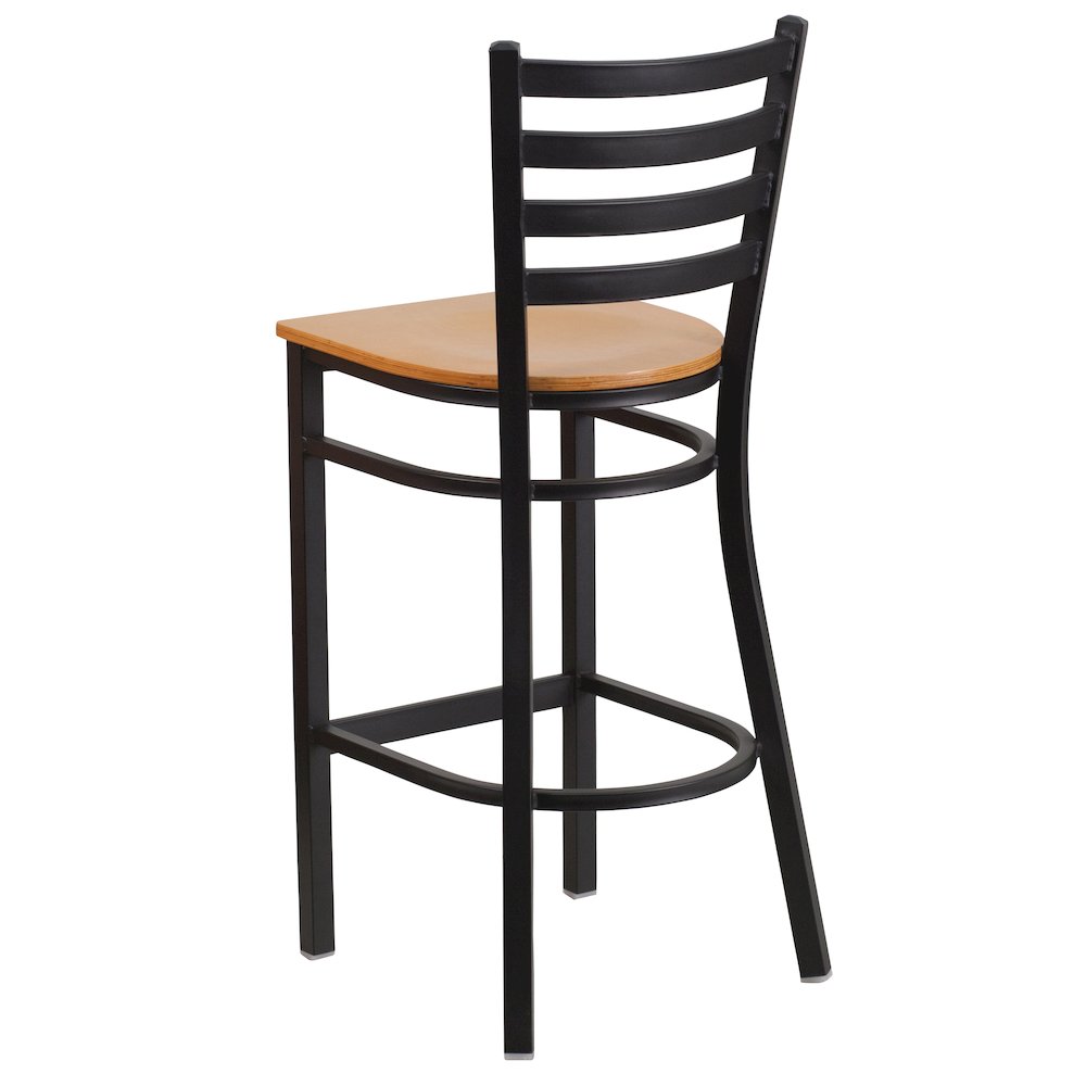Black Ladder Back Metal Restaurant Barstool - Natural Wood Seat. Picture 7