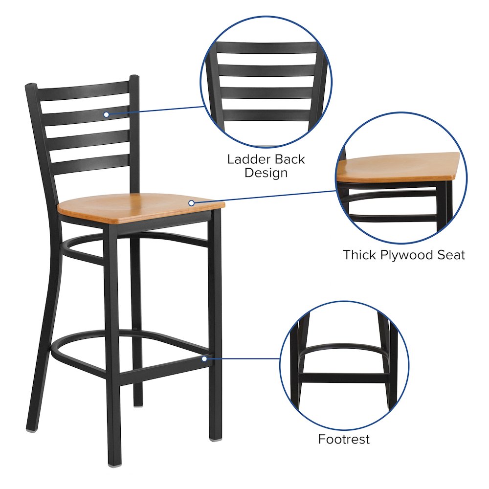 Black Ladder Back Metal Restaurant Barstool - Natural Wood Seat. Picture 4