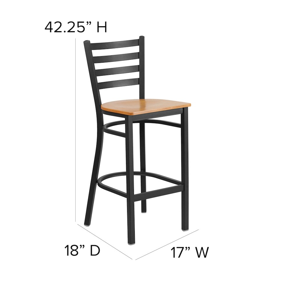 Black Ladder Back Metal Restaurant Barstool - Natural Wood Seat. Picture 5