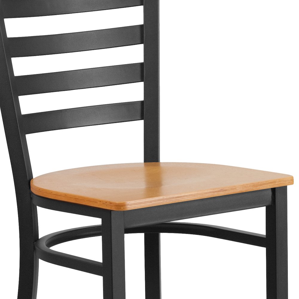 Black Ladder Back Metal Restaurant Barstool - Natural Wood Seat. Picture 8