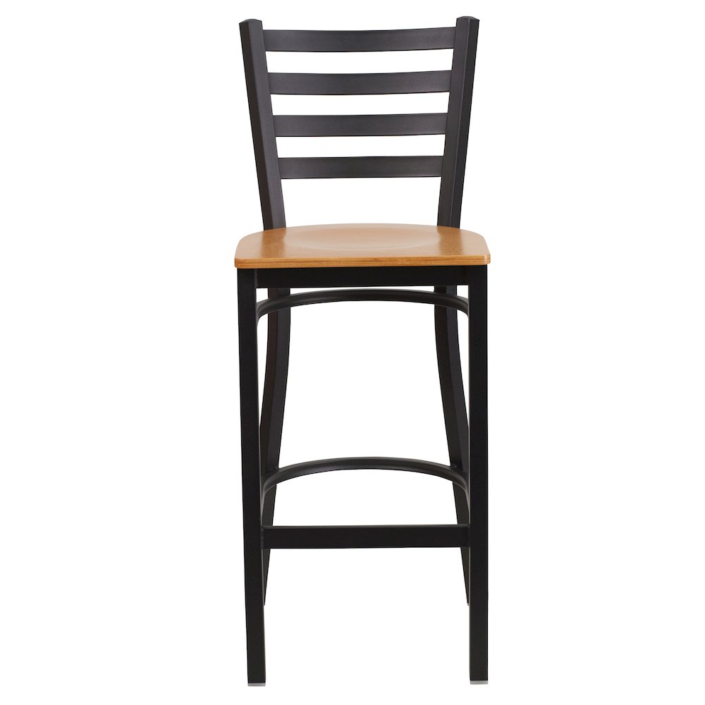 Black Ladder Back Metal Restaurant Barstool - Natural Wood Seat. Picture 10