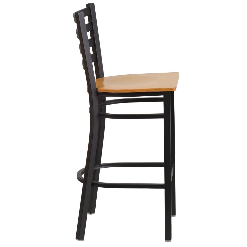 Black Ladder Back Metal Restaurant Barstool - Natural Wood Seat. Picture 2