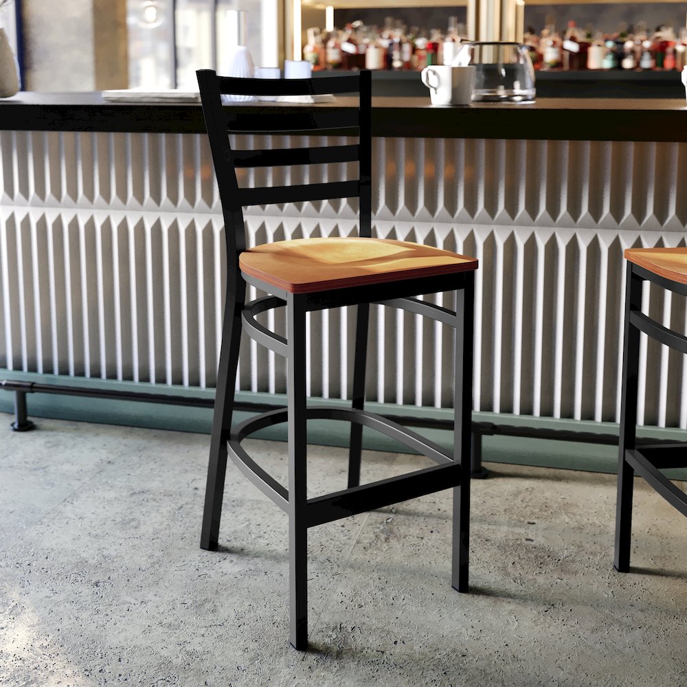Black Ladder Back Metal Restaurant Barstool - Natural Wood Seat. Picture 2