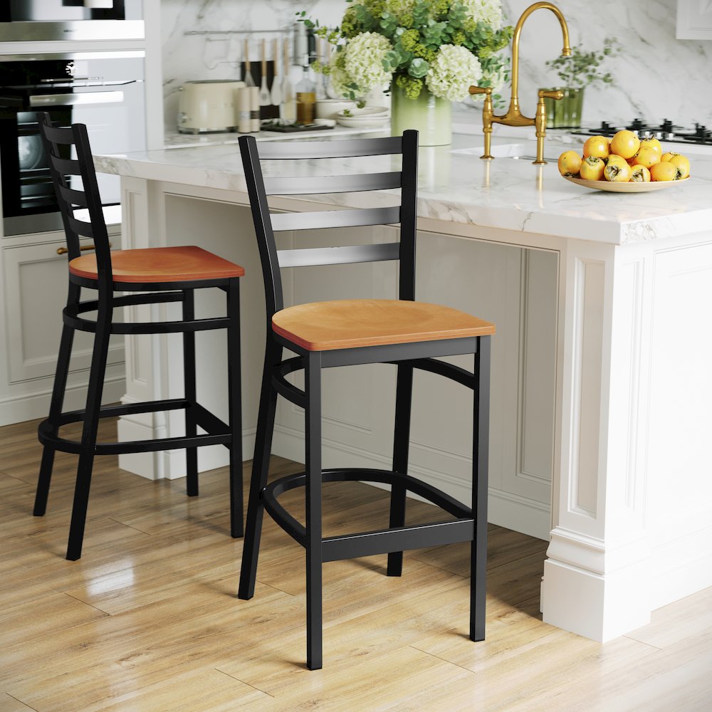 Black Ladder Back Metal Restaurant Barstool - Natural Wood Seat. Picture 6